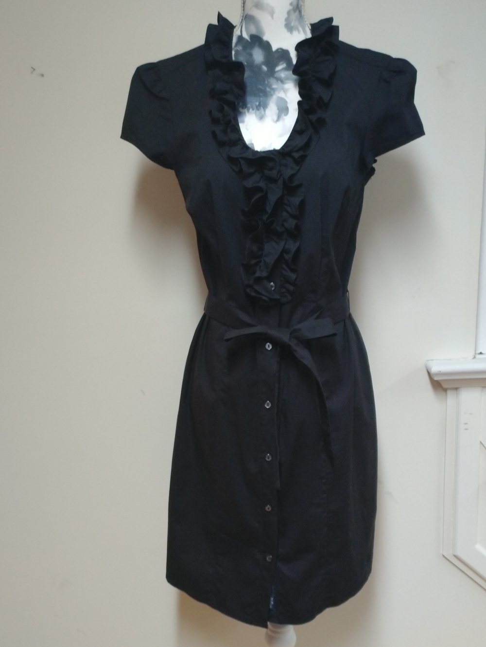 Tommy Hilfiger Black Button-Front Ruffle Neck Cotton Shirt Dress, Size S